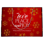 Festive Red Love, Peace and Joy with Snowflakes Large Cadeautasje (Voorkant)