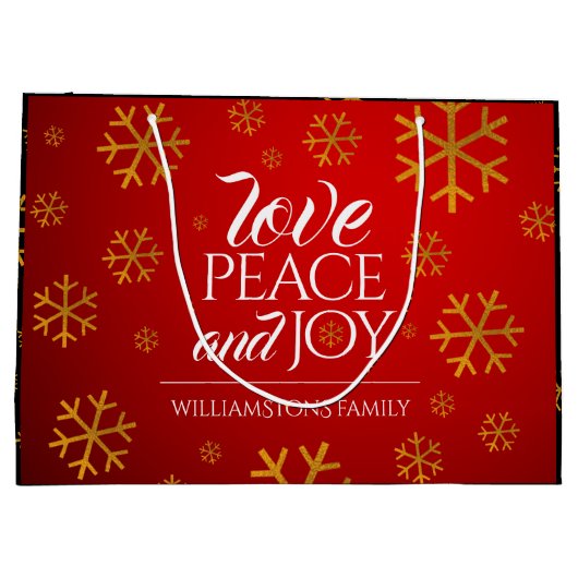 Festive Red Love, Peace and Joy with Snowflakes Large Cadeautasje (Achterkant)
