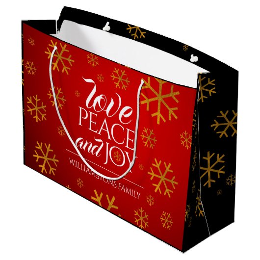 Festive Red Love, Peace and Joy with Snowflakes Large Cadeautasje (Achterkant Gekanteld)
