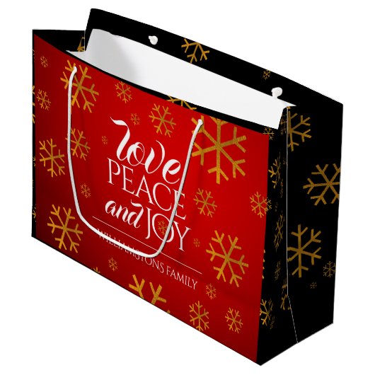 Festive Red Love, Peace and Joy with Snowflakes Large Cadeautasje (Voorkant Gekanteld)