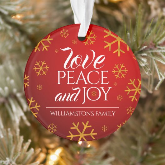 Festive Red Love, Peace and Joy with Snowflakes Ornament (Boom)