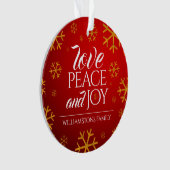Festive Red Love, Peace and Joy with Snowflakes Ornament (voorkant)