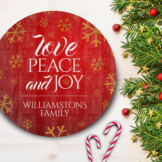 Festive Red Love, Peace and Joy with Snowflakes Snijplank