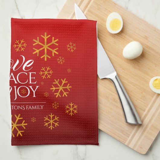 Festive Red Love, Peace and Joy with Snowflakes Theedoek (Quarter Fold)