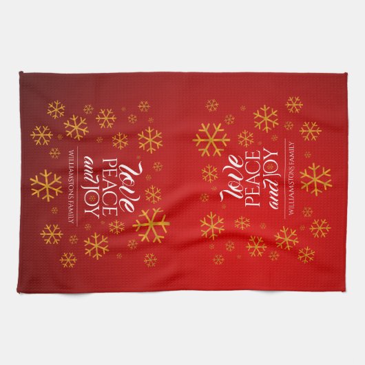 Festive Red Love, Peace and Joy with Snowflakes Theedoek (Horizontaal)