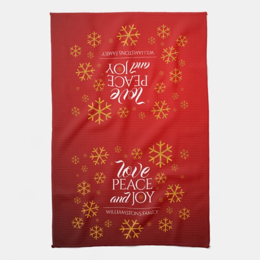 Festive Red Love, Peace and Joy with Snowflakes Theedoek (Verticaal)