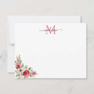 Festive Red Pink Floral kerstfeestdag monogram Notitiekaartje