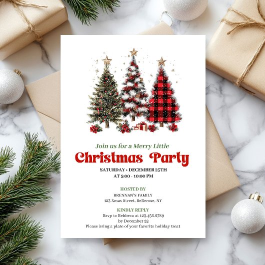 Festive red plaid buffalo Christmas tree invites Kaart