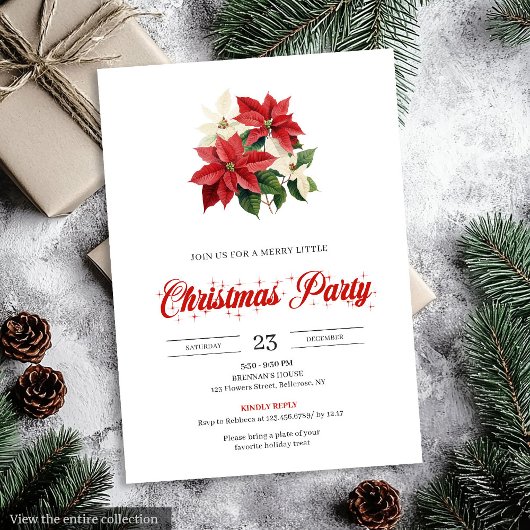 Festive Red Poinsettia Floral Script Font Xmas Kaart
