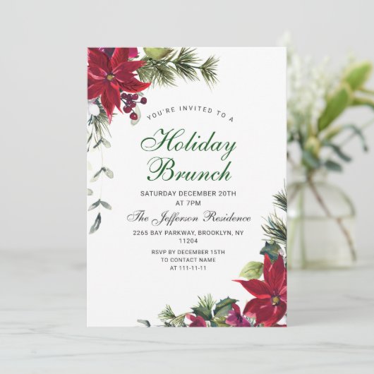 Festive Red Poinsettia Kerstfeestdag Brunch Kaart (Staand voorkant)