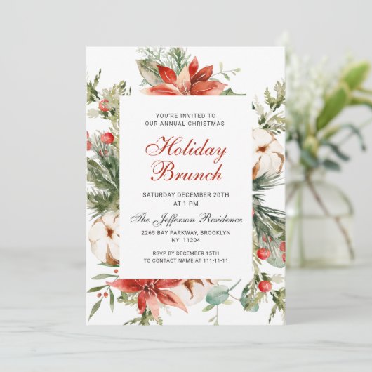 Festive Red Poinsettia Kerstfeestdag Brunch Kaart (Staand voorkant)