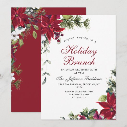 Festive Red Poinsettia Kerstfeestdag Brunch Kaart (Voorkant / Achterkant)