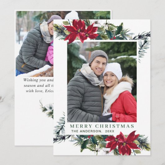 Festive Red Poinsettia Kerstmis 2 FOTO Feestdagenkaart (Voorkant / Achterkant)