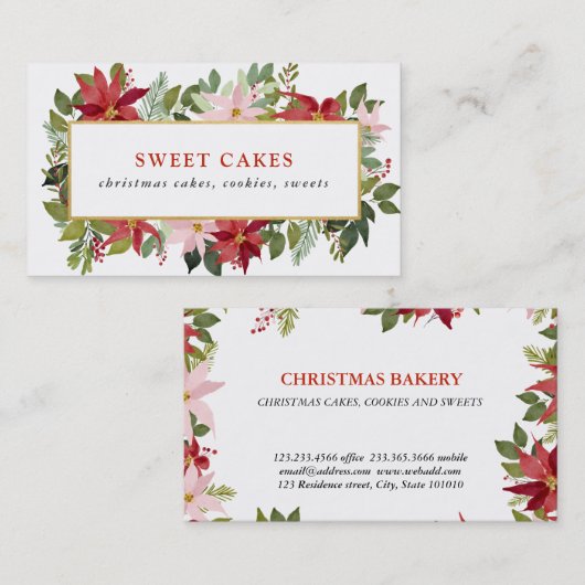 Festive Red Poinsettia Waterverf Kerstmis  Visitekaartje (Voorkant / Achterkant)