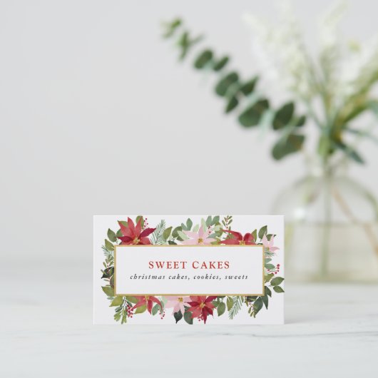 Festive Red Poinsettia Waterverf Kerstmis Visitekaartje (Staand voorkant)