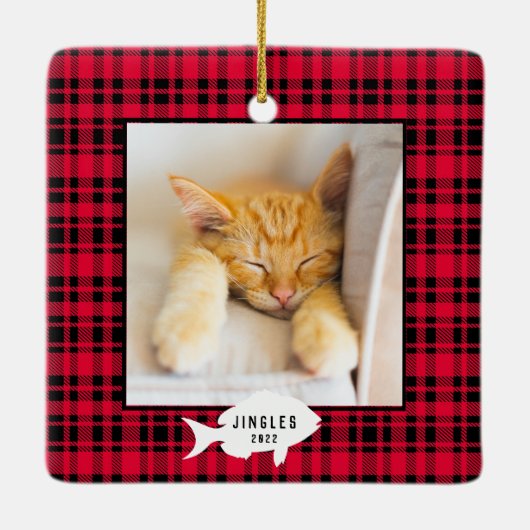 Festive Red Pset Cat Name Kerstmis Keramisch Ornament (Achterkant)