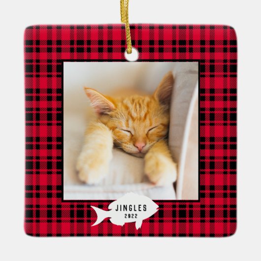 Festive Red Pset Cat Name Kerstmis Keramisch Ornament (Voorkant)