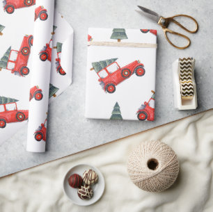 Festive Red Retro Car & kerstboomstructuur Cadeaupapier