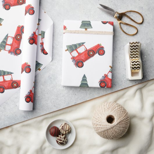 Festive Red Retro Car & kerstboomstructuur Cadeaupapier (Crafts)