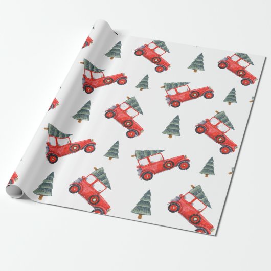 Festive Red Retro Car & kerstboomstructuur Cadeaupapier (Uitgerold)