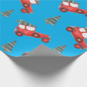 Festive Red Retro Car & kerstboomstructuur Cadeaupapier (Hoek)