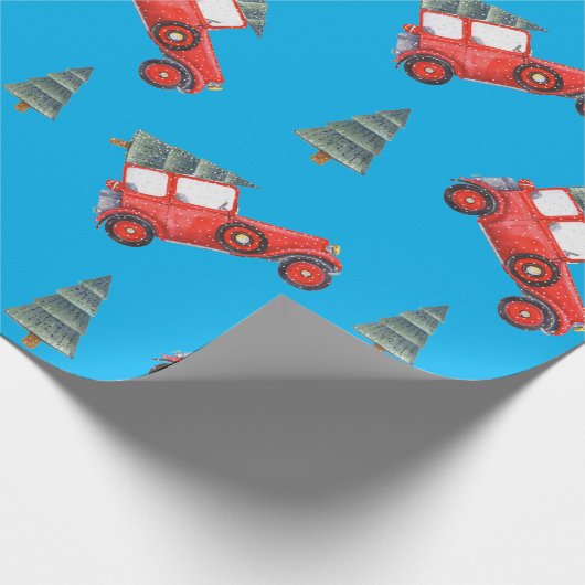 Festive Red Retro Car & kerstboomstructuur Cadeaupapier (Hoek)