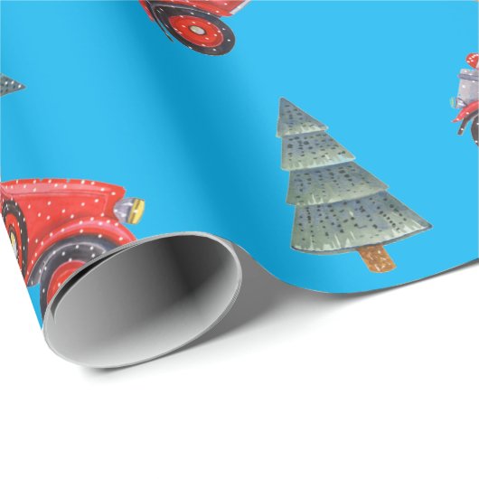 Festive Red Retro Car & kerstboomstructuur Cadeaupapier (Rol Hoek)