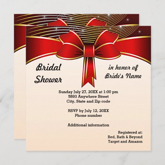 Festive Red Ribbon Bridal Shower Invitation Kaart (Voorkant / Achterkant)