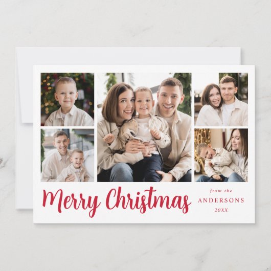 Festive Red Script 5 Photo Collage Feestdagenkaart (Voorkant)