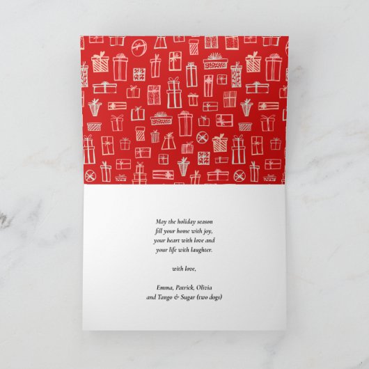 Festive Red Script Snowflakes Bokeh Pine Tree Fun Feestdagen Kaart (Binnen)