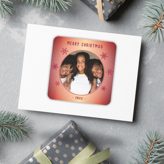 Festive Red Snowflake Metallic Family Foto Vierkante Sticker