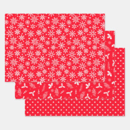 Festive Red Snowflakes Holly and Berries Inpakpapier Vel