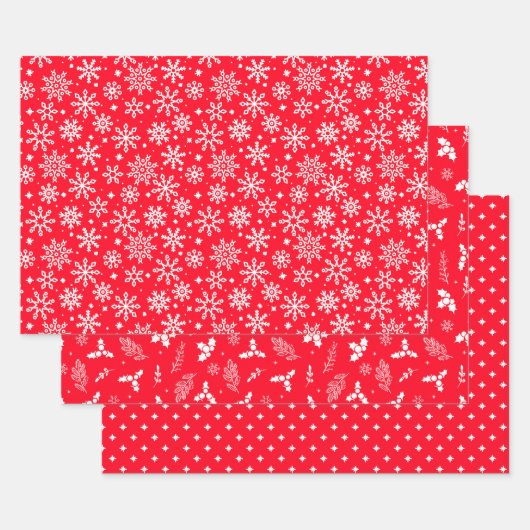 Festive Red Snowflakes Holly and Berries Inpakpapier Vel (Set)