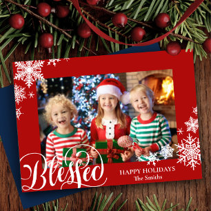 Festive Red Snowflakes Moderne Script Simple Photo Feestdagenkaart