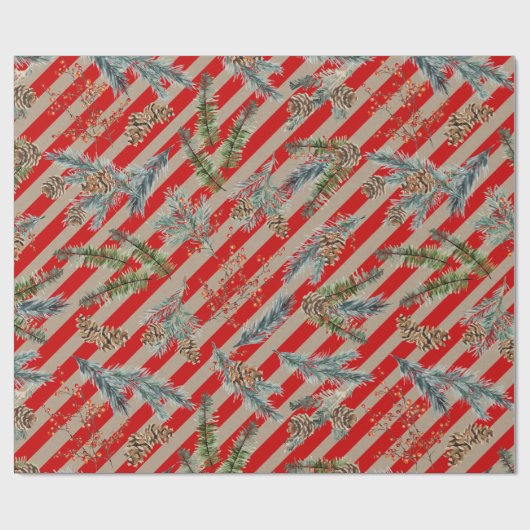 Festive Red Stripe Pine Spruce Cones Kraft Holiday Cadeaupapier (Vlak)