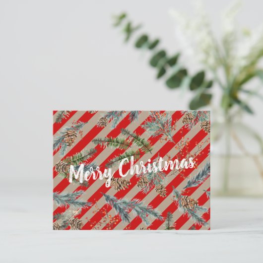 Festive Red Stripe Pine Spruce Cones Kraft Holiday Feestdagenkaart (Staand voorkant)