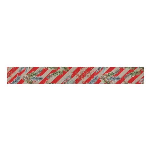 Festive Red Stripe Pine Spruce Cones Kraft Holiday Grosgrain Lint (Voorkant)