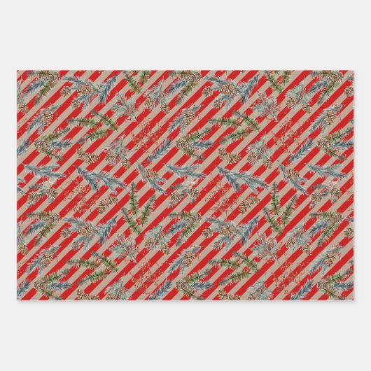 Festive Red Stripe Pine Spruce Cones Kraft Holiday Inpakpapier Vel (Voorkant 3)
