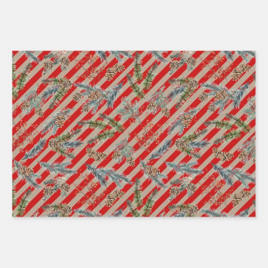 Festive Red Stripe Pine Spruce Cones Kraft Holiday Inpakpapier Vel (Voorkant 2)