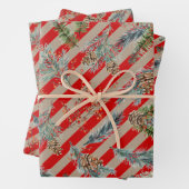 Festive Red Stripe Pine Spruce Cones Kraft Holiday Inpakpapier Vel (In situ)