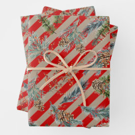 Festive Red Stripe Pine Spruce Cones Kraft Holiday Inpakpapier Vel