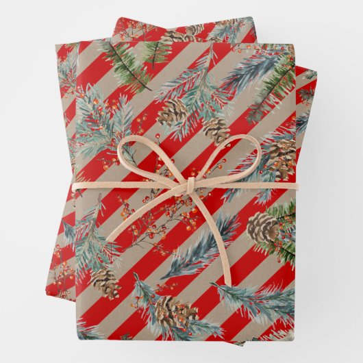 Festive Red Stripe Pine Spruce Cones Kraft Holiday Inpakpapier Vel (In situ)