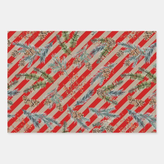 Festive Red Stripe Pine Spruce Cones Kraft Holiday Inpakpapier Vel (Voorkant)