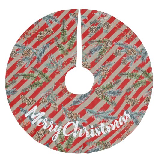 Festive Red Stripe Pine Spruce Cones Kraft Holiday Kerstboom Rok (Voorkant)