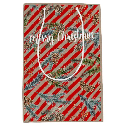 Festive Red Stripe Pine Spruce Cones Kraft Holiday Medium Cadeauzakje (Voorkant)