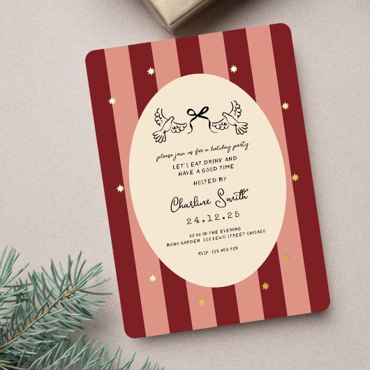 Festive Red Striped Holiday Party Invitation Folie Uitnodiging