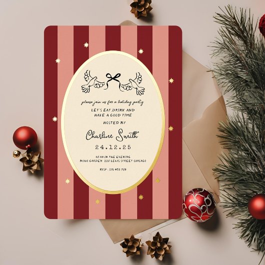 Festive Red Striped Holiday Party Invitation Folie Uitnodiging