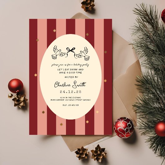 Festive Red Striped Holiday Party Invitation Kaart