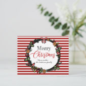 Festive Red Stripes Holly Wreath Merry Kerstmis Briefkaart (Staand voorkant)