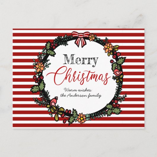 Festive Red Stripes Holly Wreath Merry Kerstmis Briefkaart (Voorkant)